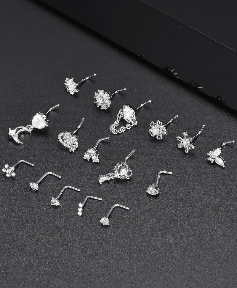 Tornito 16Pcs Nose Rings L Shaped Nose Stud Stainless Steel Butterfly Flower Leaf Heart Moon Dangle Nose Stud Ring Body Piercing Jewelry for Women Men 20G Pink Blue Clear CZ - Image 5